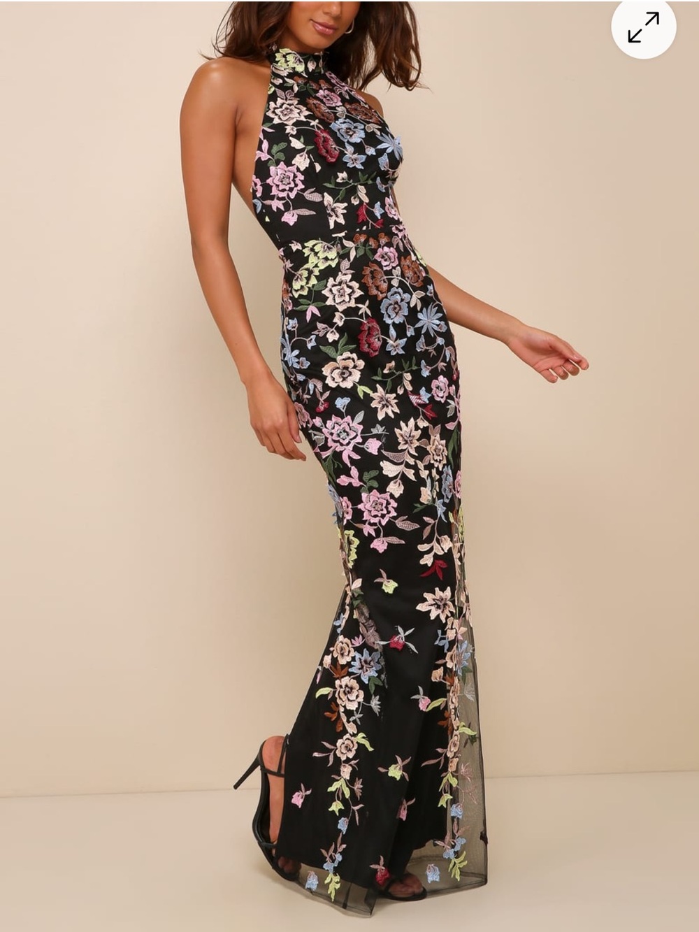 Lulus Infinite Praise Black 3D Floral Halter Maxi Dress Embroidered L